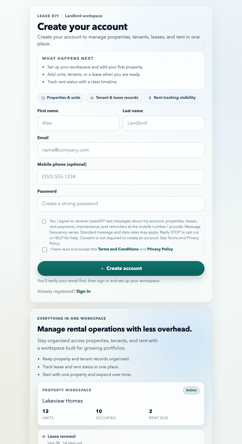 Lease DIY register page showing the optional mobile phone field, unchecked SMS opt-in checkbox, and SMS consent disclosure.